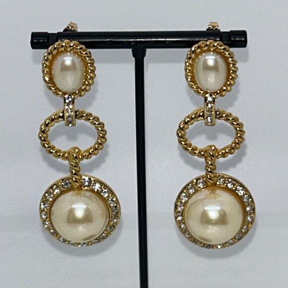 Gold-Tone Dangling Earrings With Faux Pearls & Rhinestone Accents - 2.75 Inch Le - Picture 6 of 14